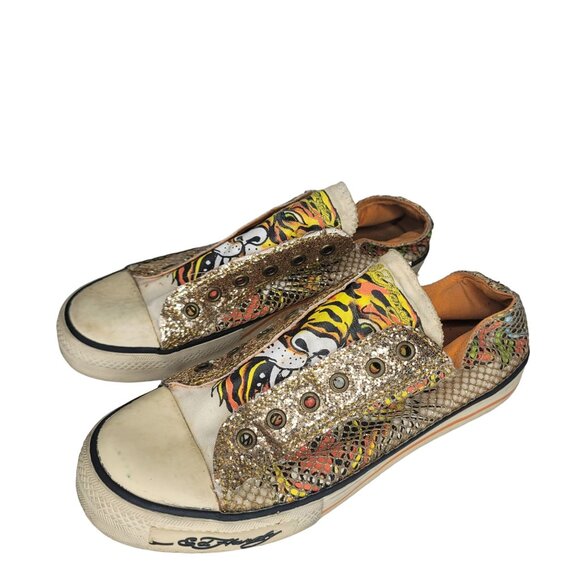 Ed Hardy vintage Women's Gold Snake Print Tiger Slip-On Shoe sneakers Size 8 US - Picture 2 of 10